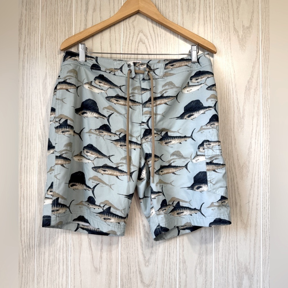 J. Crew Flex Mens Swim Trunks Style L6548 Light Blue with Navy Marine Life Sz 32